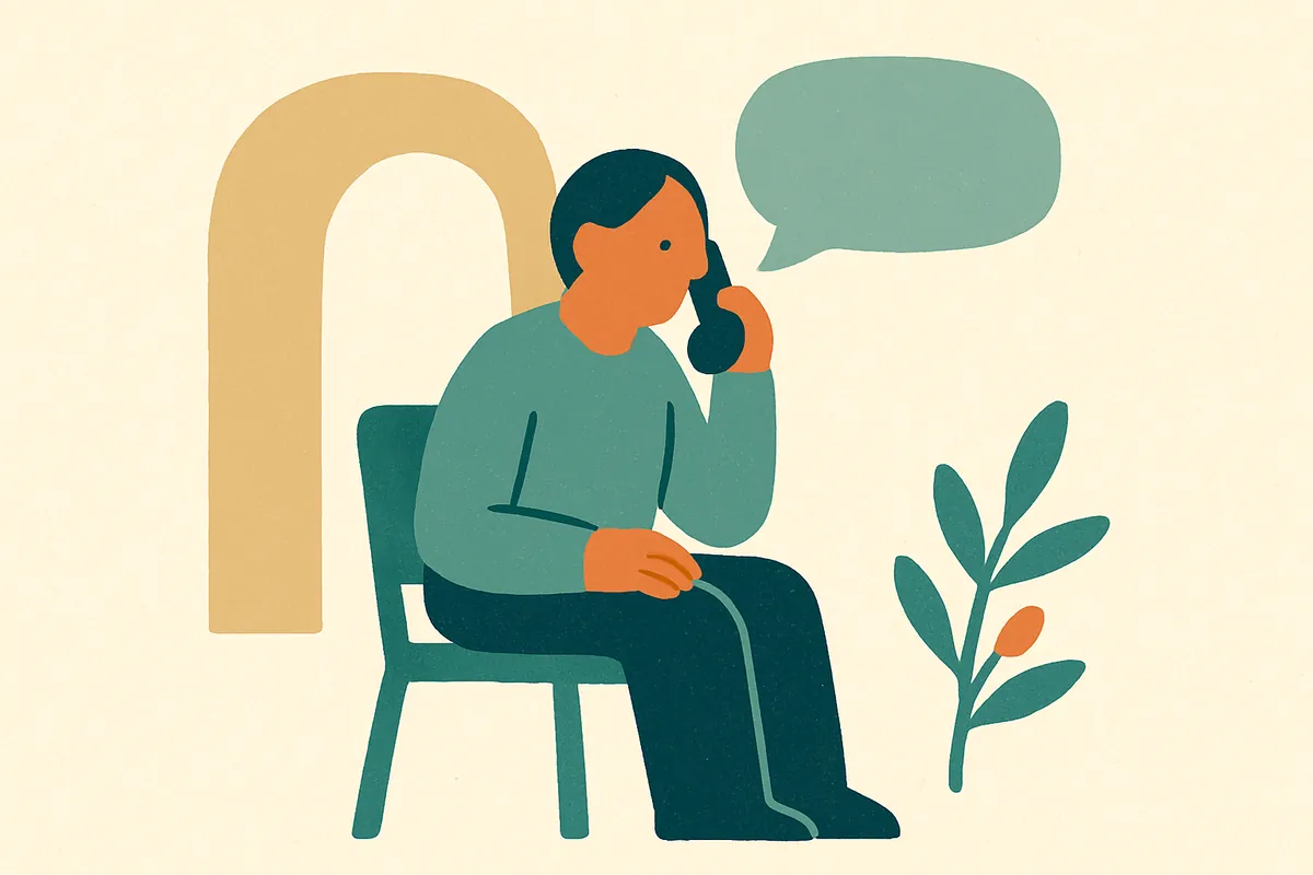 Illustration of a person seated in a chair making a first phone call to ask for help