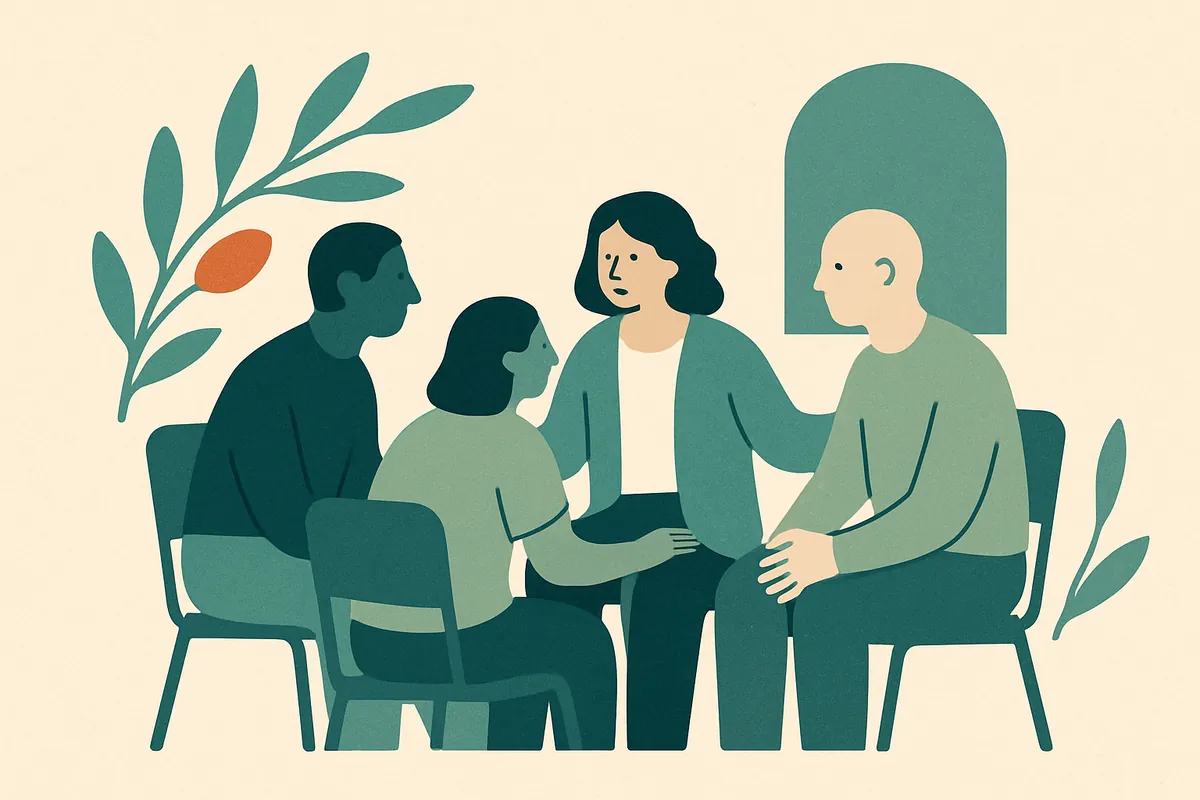 Illustration of four people seated in a small circle in a supportive group conversation