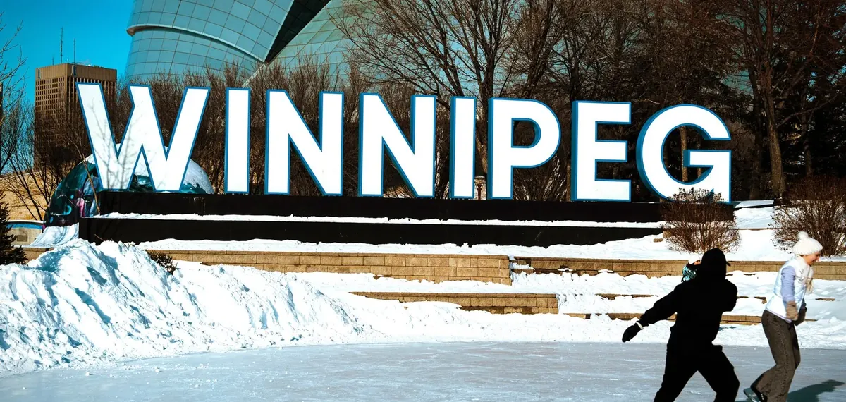 The Forks and the skyline of Winnipeg, Manitoba.