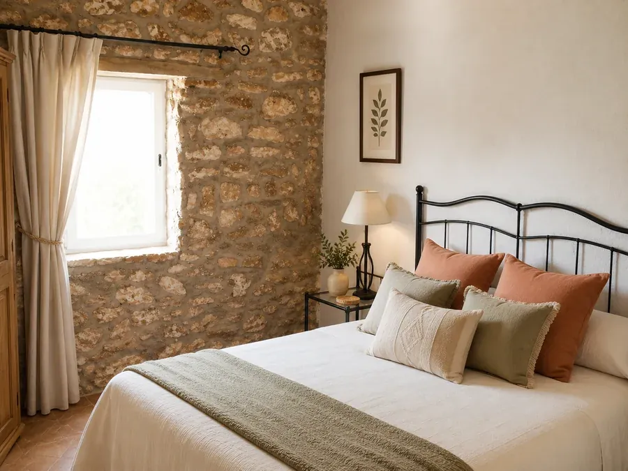 A private bedroom at Sierra Recovery, with the bed against the original stone wall and a shuttered window.