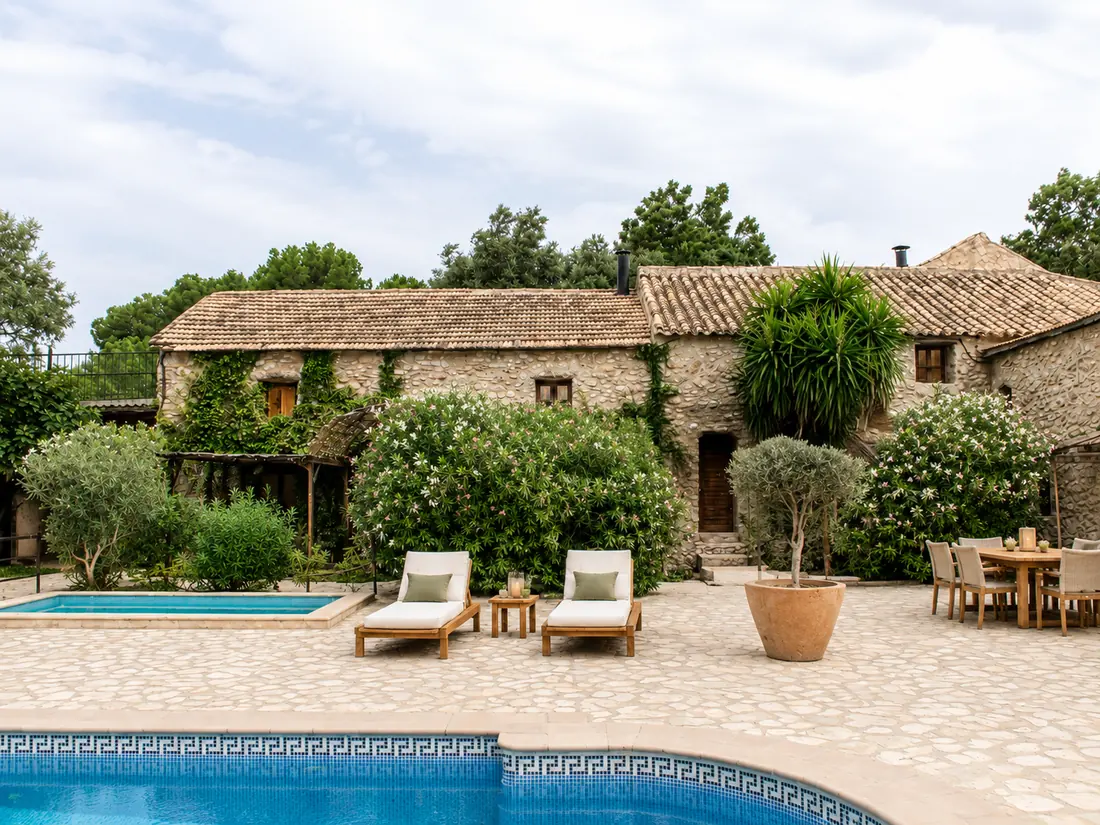 The front pool and terrace at the Sierra Recovery cortijo, Humilladero, Malaga.