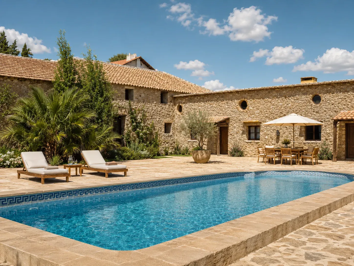 The pool and terrace at Sierra Recovery, a residential rehab clinic set among cypress trees near Malaga, Spain.