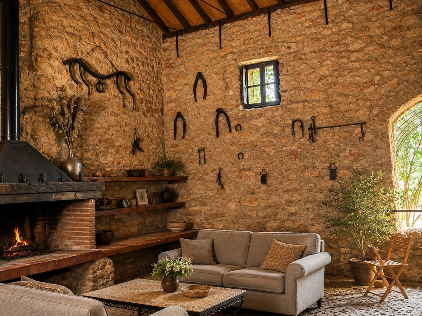 The living room at Sierra Recovery, with the original beams and a wood fire.